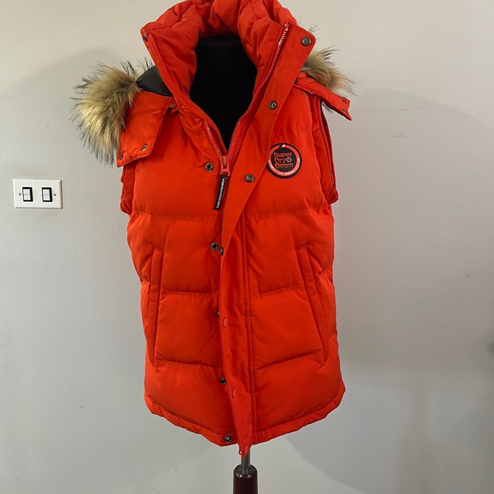 Superdry Orange Quilted Puffer Vest with Faux Fur Trim